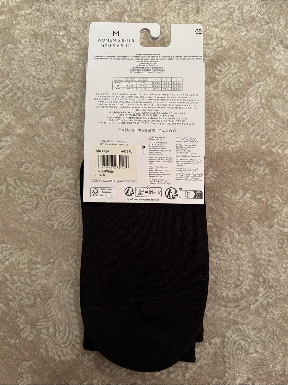 Brand New ALO Unisex Throwback Sock Classic Black White Stripes Comfy Cushioned